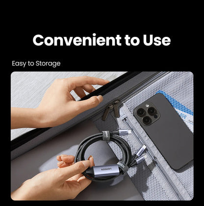 A black promotional graphic with the text 'Convenient to Use' and 'Easy to Storage' above a lifestyle inset showing a person's hands organizing a coiled black cable with a silver rectangular device into a gray mesh suitcase compartment next to a dark smartphone.