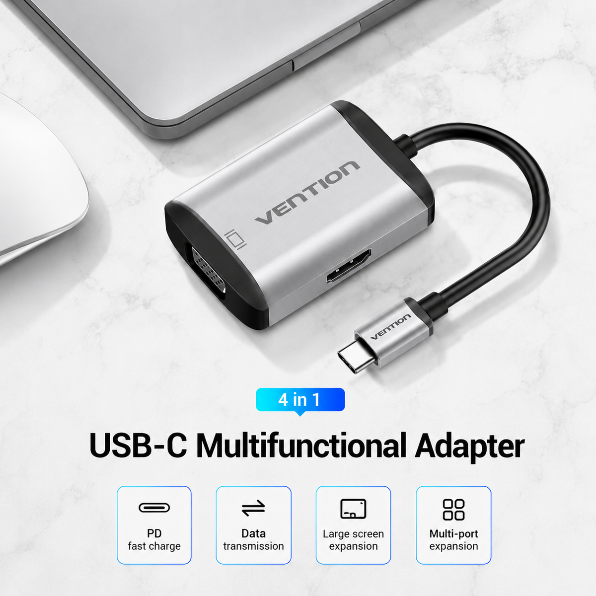 Vention 4-in-1 USB-C multifunctional adapter with a silver and black aluminum body, shown on a light marble background next to a laptop and mouse, with feature icons below.