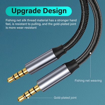 A close-up of a braided audio cable with two 3.5mm plug connectors, shown on a teal background with explanatory text highlighting fishing net material, gold-plated joints, and upgrade design features.