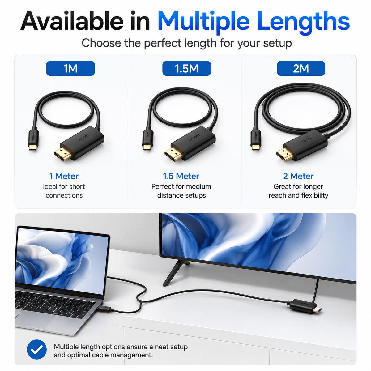 Promotional graphic for a USB-C to HDMI cable showing three cable lengths: 1M, 1.5M, and 2M, with one larger lifestyle demonstration showing the cable connected to a laptop and monitor on a desk.