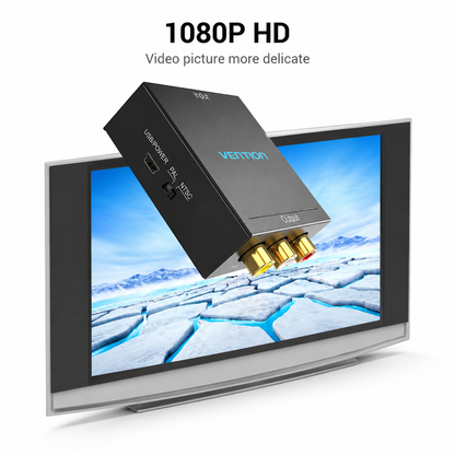 A black Vettion HDMI splitter box shown floating above a modern TV screen, with text reading '1080P HD' and 'Video picture more delicate.' The product appears to be a video adapter or splitter device, and the TV is used as a display context rather than the main sold item.