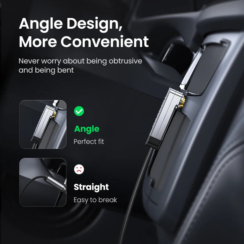 A close-up promotional graphic showing a silver and black car accessory mounted near a cup holder or console, with text reading 'Angle Design, More Convenient' and inset comparison images demonstrating a perfect angled fit versus a straight, easy-to-break fit.