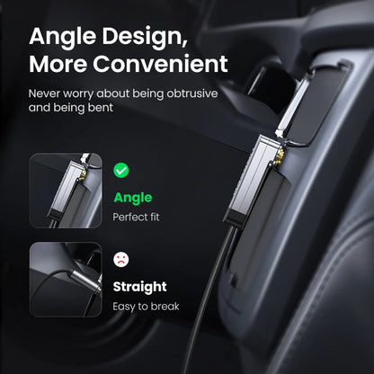 A close-up promotional graphic showing a silver and black car accessory mounted near a cup holder or console, with text reading 'Angle Design, More Convenient' and inset comparison images demonstrating a perfect angled fit versus a straight, easy-to-break fit.
