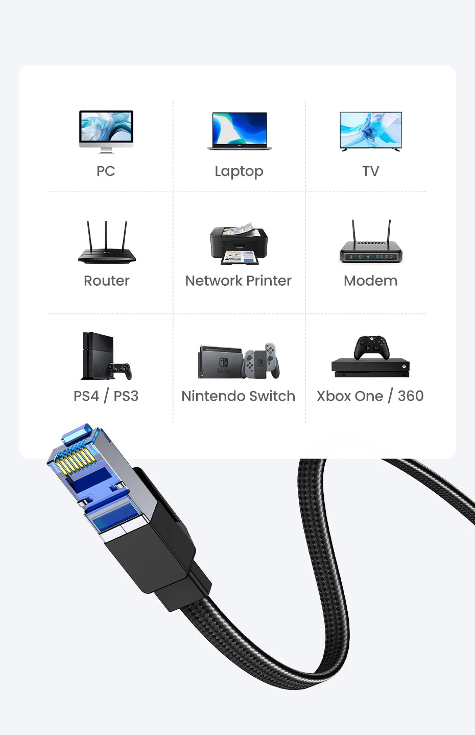 Cable adapter with connectors for various electronic devices on a white background