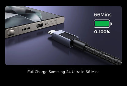 A black braided USB-C charging cable shown plugged into a smartphone, with a battery charging graphic indicating 66 minutes to charge 0-100% on a Samsung 24 Ultra. Text at the bottom reads 'Full Charge Samsung 24 Ultra in 66 Mins'.