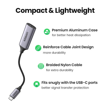 USB-C adapter with features listed on a white background