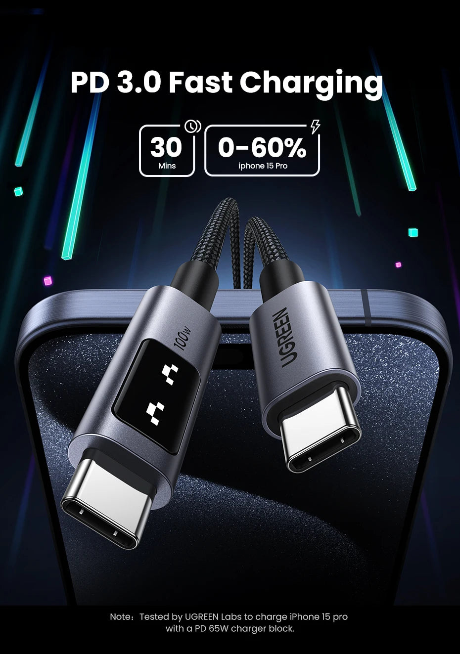 Two UGREEN PD 3.0 fast charging cables on a dark background with charging speed text.