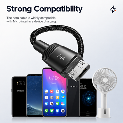 Black braided USB-C to Micro-USB charging cable shown with several smartphones and a small white handheld fan on a light gray background, with text reading 'Strong Compatibility' and 'The data cable is widely compatible with Micro interface device charging.'.