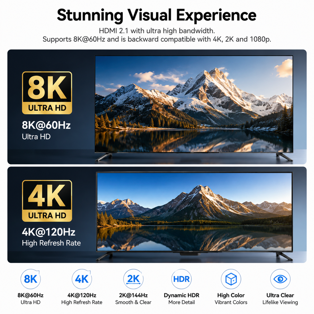 Promotional graphic for a 4K/8K ultra HD TV showing two screen comparisons: one labeled 8K Ultra HD and one labeled 4K Ultra HD, with mountain lake scenery on the displays and feature icons below including HDMI 2.1, ultra high bandwidth, 8K, 4K, 2K, HDR, high color, and ultra clear.
