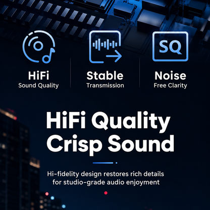 Promotional graphic for audio quality with three blue icons and text reading HiFi Sound Quality, Stable Transmission, and Noise Free Clarity, plus large headline text 'HiFi Quality Crisp Sound' over a dark city-tech background.