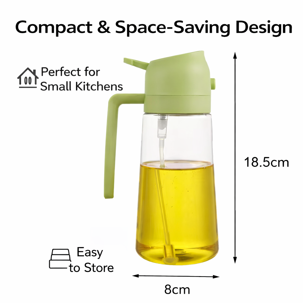 Green oil dispenser with yellow liquid, labeled as compact and space-saving for small kitchens.