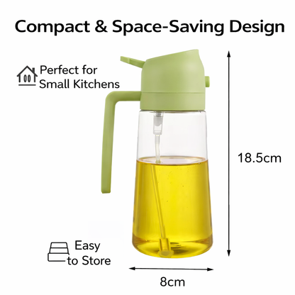 Green oil dispenser with yellow liquid, labeled as compact and space-saving for small kitchens.