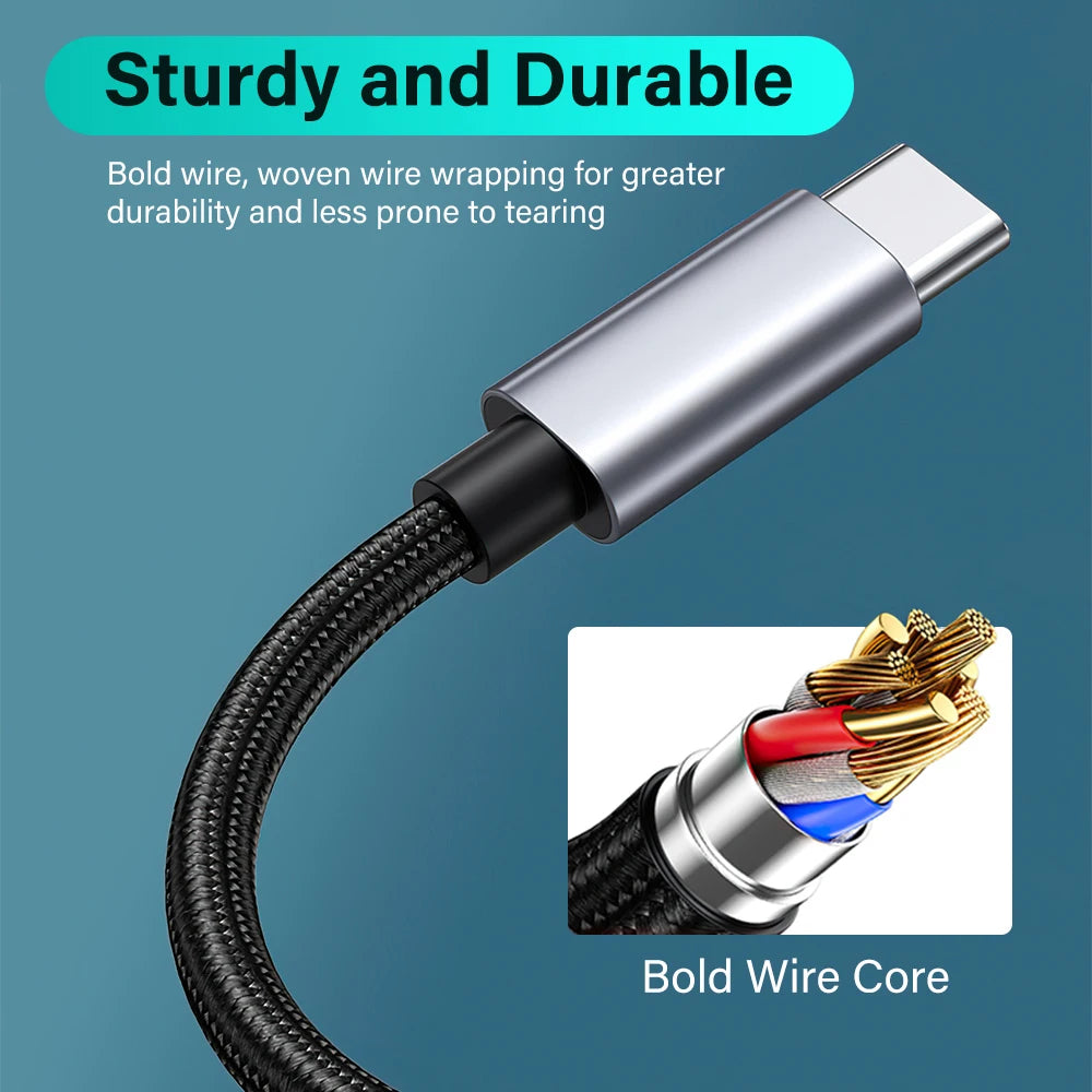 A close-up of a black braided USB-C cable with a silver metal connector, shown on a blue gradient background with marketing text reading 'Sturdy and Durable' and a small inset labeled 'Bold Wire Core' showing the internal cable construction.