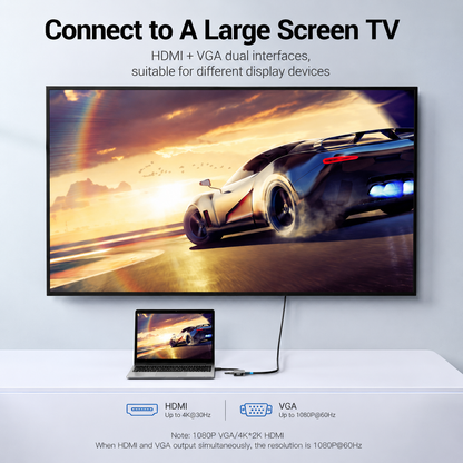A large wall-mounted TV displaying a sports car scene, shown connected via HDMI and VGA to a laptop on a white table. Text at the top says 'Connect to A Large Screen TV' and describes HDMI + VGA dual interfaces.