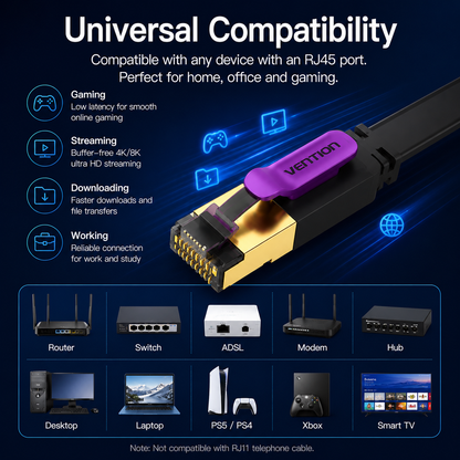 Universal RJ45 Ethernet cable with a purple and gold connector, shown on a dark blue compatibility graphic with text and icons for gaming, streaming, downloading, and working. Small device icons for routers, switches, ADSL, modem, hub, desktop, laptop, PS5/PS4, Xbox, and smart TV are displayed below.