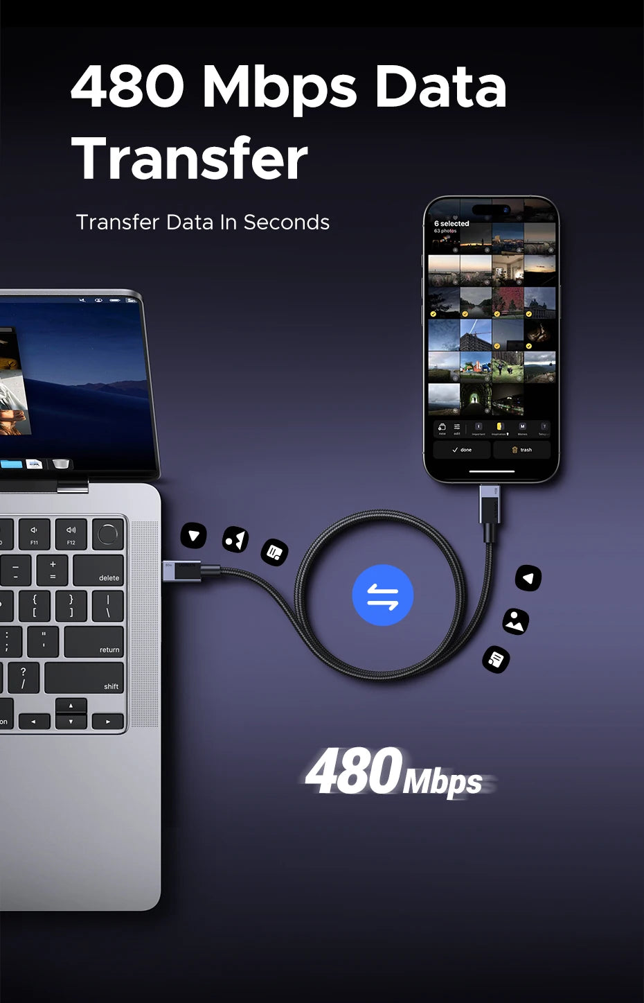 Promotional graphic for a fast data transfer cable showing a laptop, smartphone, and cable on a dark gradient background with text reading '480 Mbps Data Transfer' and 'Transfer Data In Seconds'.