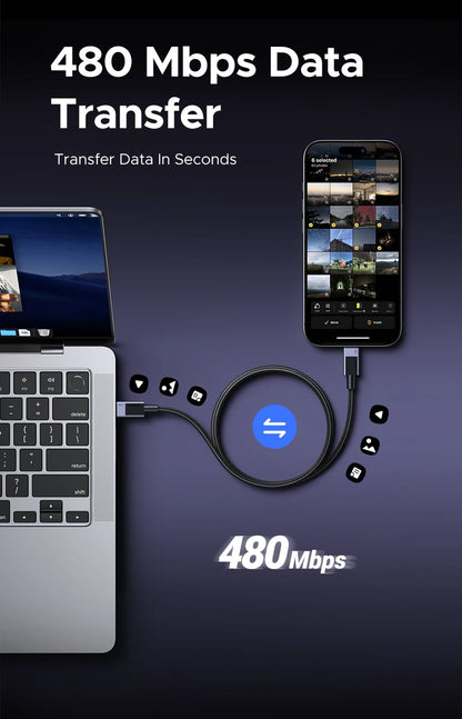Promotional graphic for a fast data transfer cable showing a laptop, smartphone, and cable on a dark gradient background with text reading '480 Mbps Data Transfer' and 'Transfer Data In Seconds'.