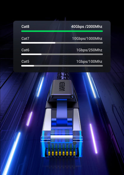 Network cable with Cat5 to Cat8 rating on a dark background