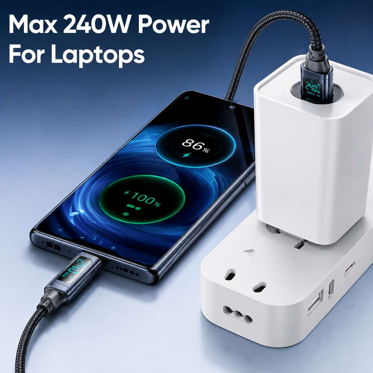 A white multi-outlet power adapter with a braided cable plugged into a smartphone and another device, shown on a blue gradient background with the text 'Max 240W Power For Laptops'.