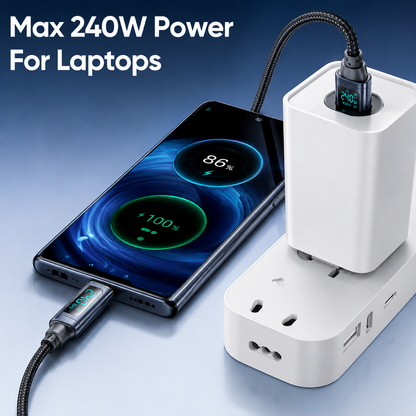 A white multi-outlet power adapter with a braided cable plugged into a smartphone and another device, shown on a blue gradient background with the text 'Max 240W Power For Laptops'.