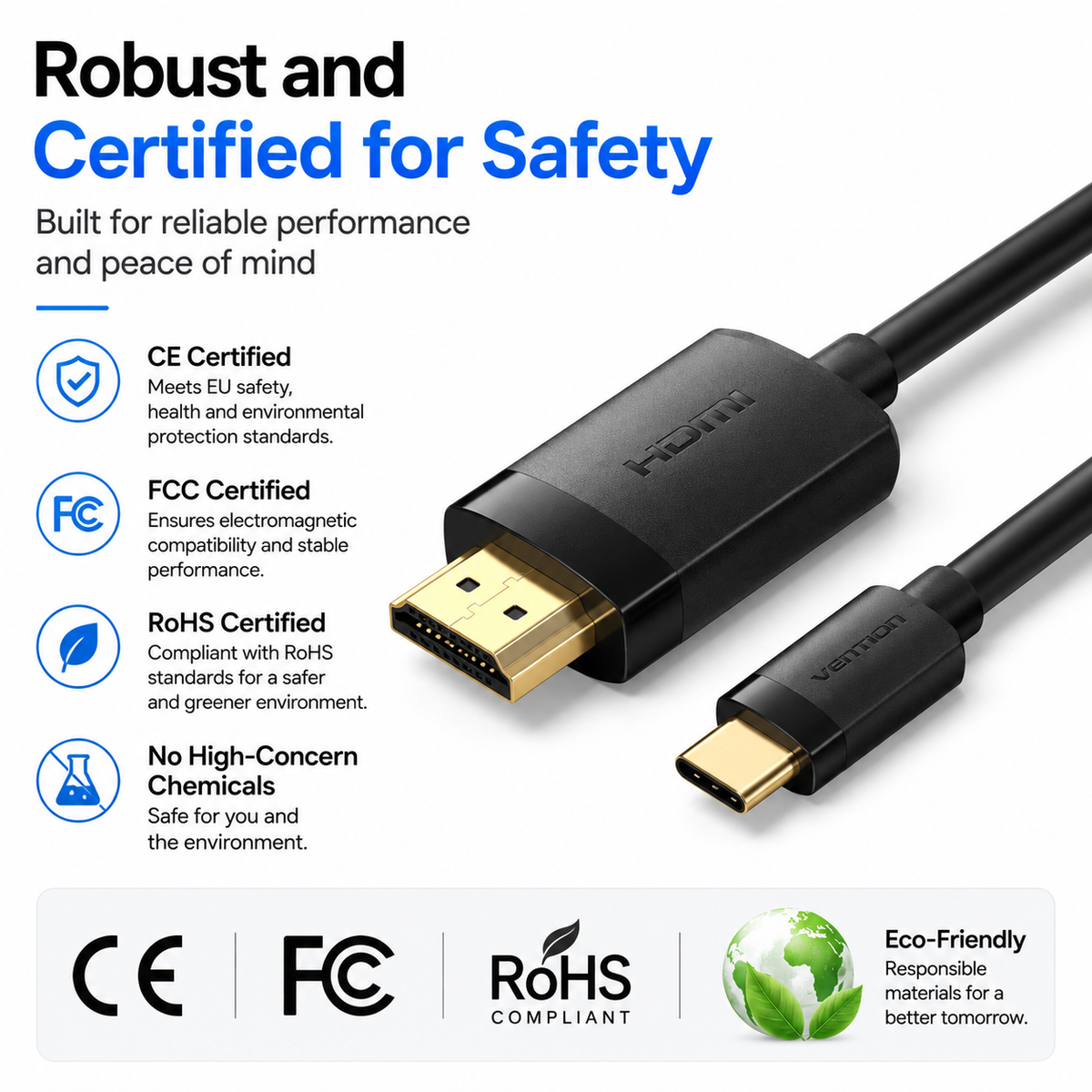A black HDMI cable with a matte black connector on one end and a gold-plated HDMI interface on the other, shown on a white background with certification callouts and logos including CE, FCC, RoHS, and Eco-Friendly.
