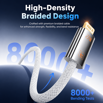 A braided USB-C to Lightning cable shown on a dark blue promotional background with text reading 'High-Density Braided Design' and '8000+ Bending Tests.' The cable has a white braided outer layer and a metallic silver connector with a gold-toned plug.