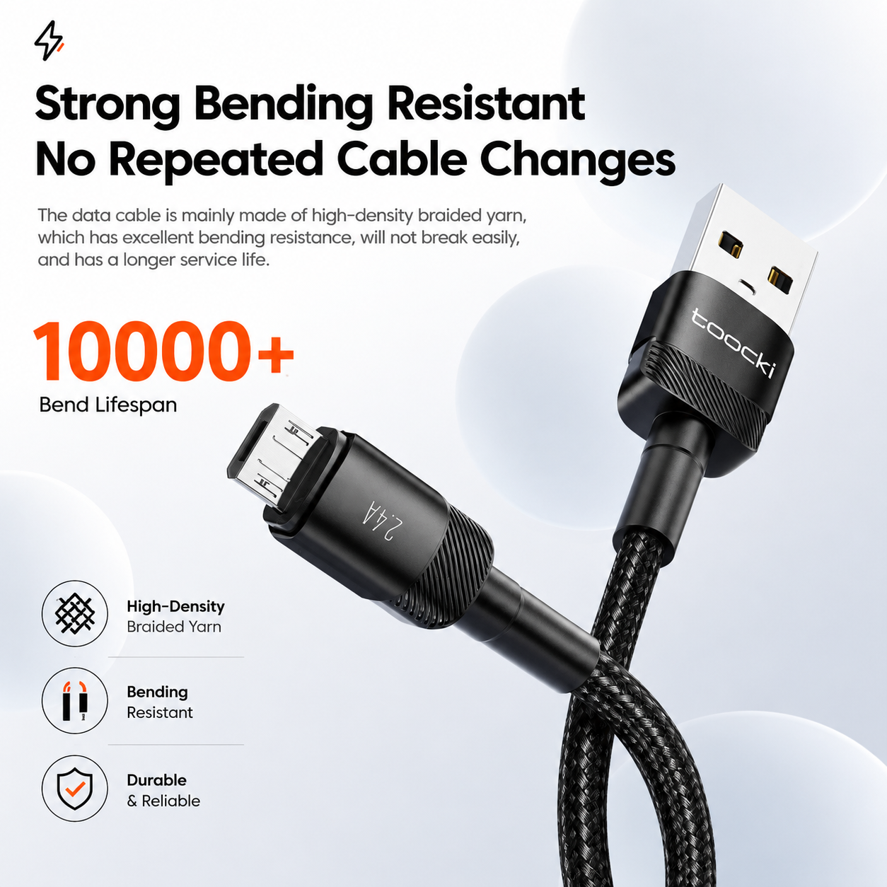 Black Toocki USB-C to Micro-USB charging cable with promotional text highlighting its 10000+ bend lifespan and features like high-density braided yarn and bending resistance.