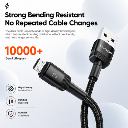 Black Toocki USB-C to Micro-USB charging cable with promotional text highlighting its 10000+ bend lifespan and features like high-density braided yarn and bending resistance.