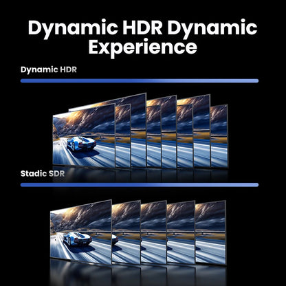 Promotional graphic for a TV or display device showing the text 'Dynamic HDR Dynamic Experience' on a black background. The top section is labeled 'Dynamic HDR' with multiple angled screens displaying a blue sports car scene, while the bottom section is labeled 'Static SDR' with fewer screens and a different rendered scene.