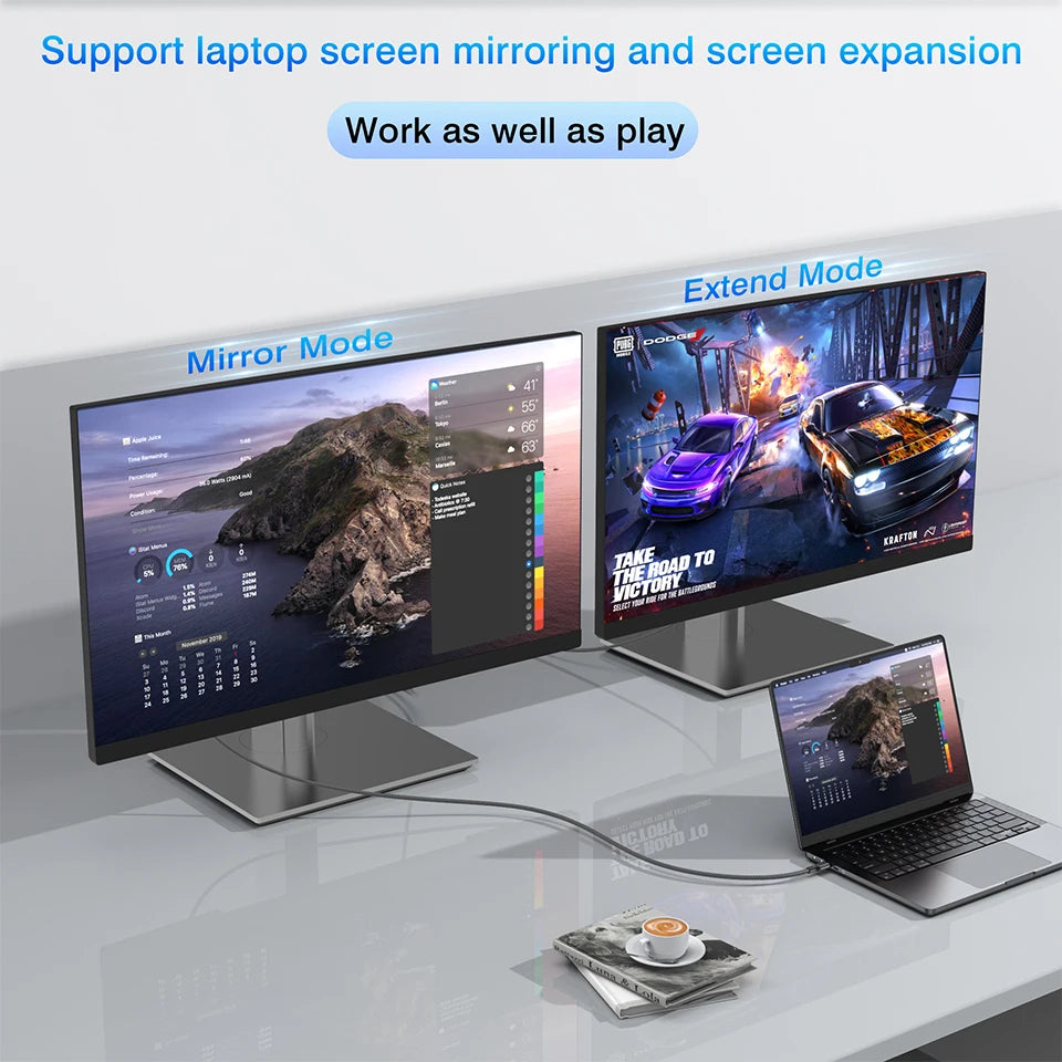 A desktop setup showing a dual-monitor desktop setup and laptop in Extend Mode, with text at the top reading 'Support laptop screen mirroring and screen expansion' and 'Work as well as play'.