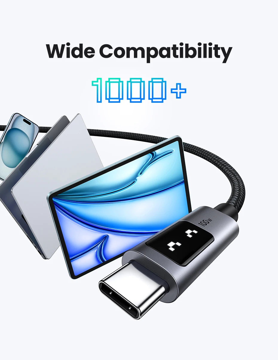 USB-C adapter with wide compatibility text and number on a white background