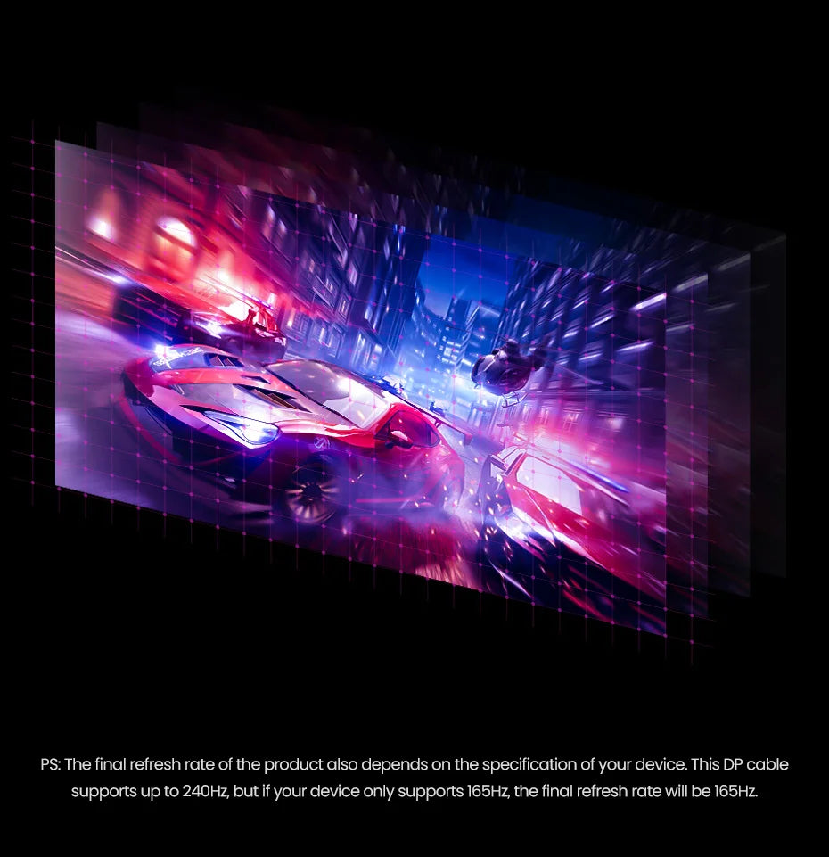 A 3D layered graphic showing a high-speed futuristic cyberpunk racing scene with sports cars and neon city lights, presented on a black background with explanatory text at the bottom about DPI cable refresh rate compatibility.