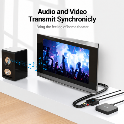A black audio and video transmitter set shown on a white shelf in a bright room. The set includes a small black speaker, a TV or monitor displaying a concert scene, cables, and a small black receiver.