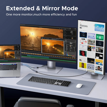 Multimonitor setup on a desk with extended mode and mirror display features.