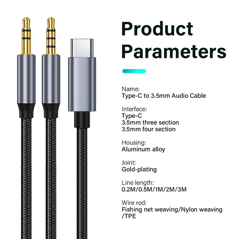 Product parameters and specifications for a Type-C to 3.5mm audio cable, shown alongside a close-up of the cable connectors on a white background.