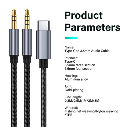 Product parameters and specifications for a Type-C to 3.5mm audio cable, shown alongside a close-up of the cable connectors on a white background.