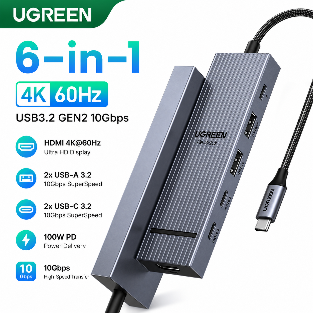 UGREEN 6-in-1 USB-C hub adapter in a metallic silver finish, featuring multiple ports including HDMI, USB-A, and USB-C, with a black braided cable. The image includes promotional text and feature icons on a white background.