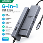 UGREEN 6-in-1 USB-C hub in a compact silver aluminum design, featuring HDMI, USB-A, USB-C, and Ethernet ports, with a braided USB-C cable shown on a white background with feature callouts.