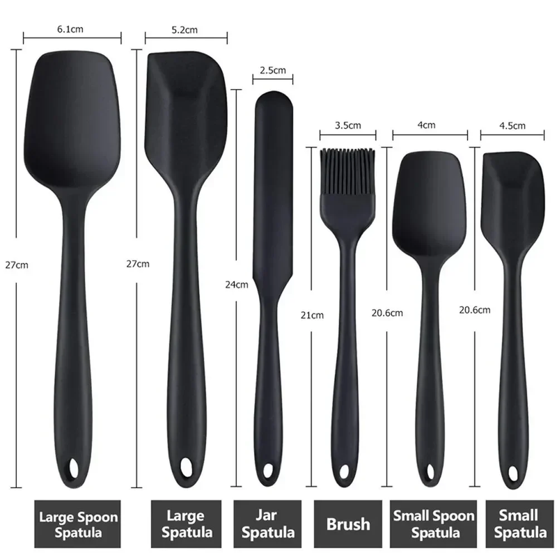 Set of black silicone kitchen utensils with measurements on a white background