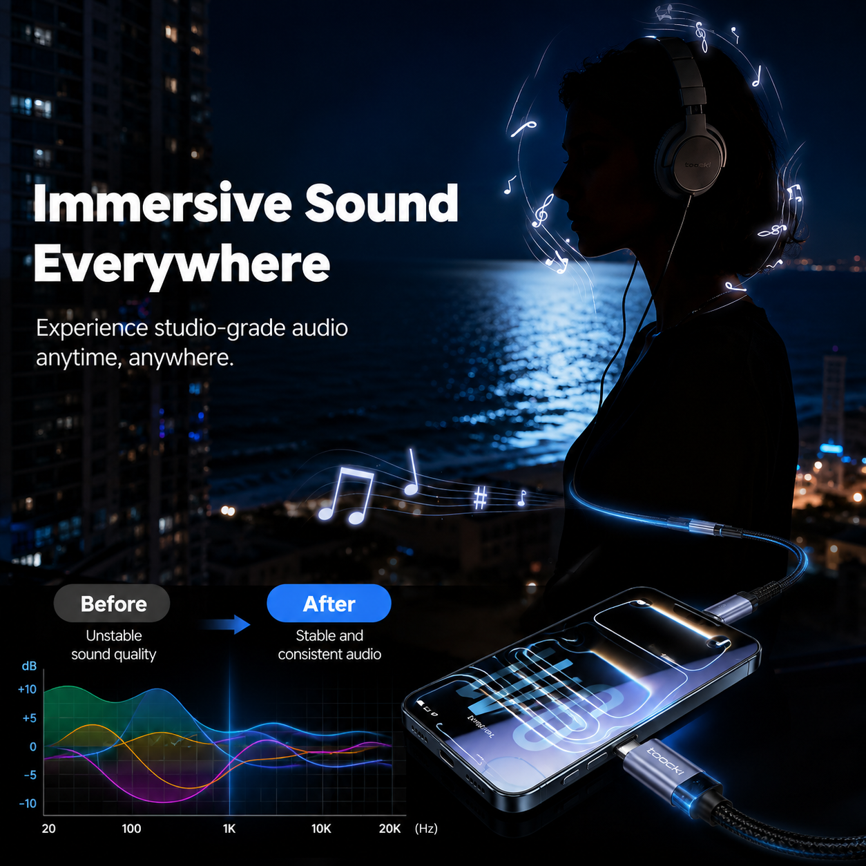 Promotional graphic for a smartphone audio accessory showing a person in silhouette wearing headphones over a city waterfront at night, with floating music notes, a smartphone connected to the product, and text reading 'Immersive Sound Everywhere.' Because a person and real environment are present, this is Lifestyle rather than Product/Packaging, even though the product itself is also shown clearly.