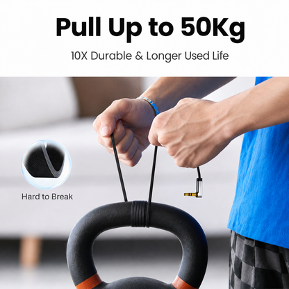 A person's hands gripping a black kettlebell with a black hanging strap attached, against a blurred indoor background. Text at the top reads 'Pull Up to 50Kg' and '10X Durable & Longer Used Life,' with a circular inset showing the strap material and the text 'Hard to Break.