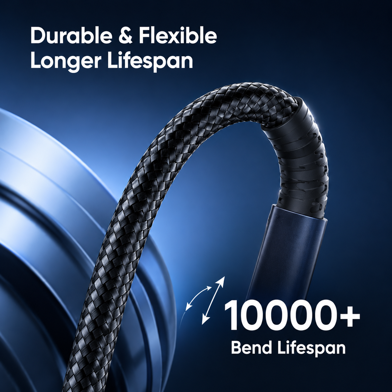 A close-up promotional graphic of a black braided cable with a dark connector, set against a blue gradient background with text reading 'Durable & Flexible Longer Lifespan' and '10000+ Bend Lifespan'.