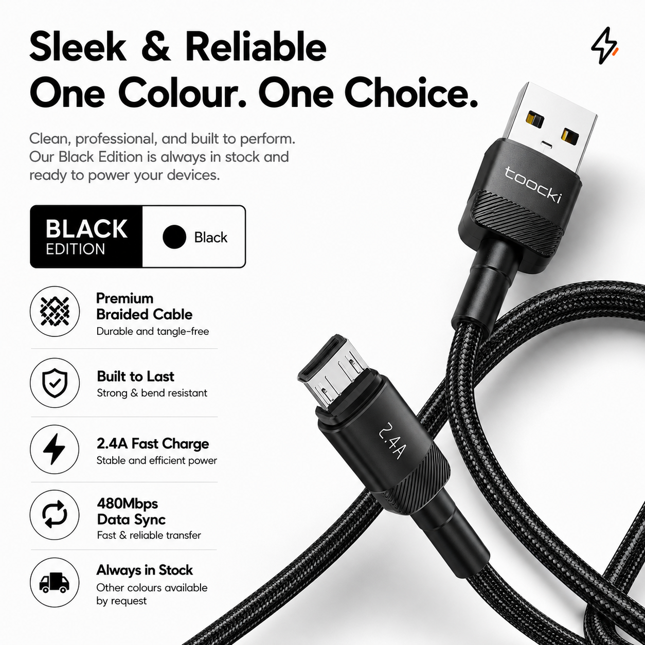A black Toocki USB-C to USB-C cable shown on a clean white background with promotional text and feature icons. The image highlights the cable's braided construction, USB-C connector, and micro-USB connector with technical specifications listed on the left.