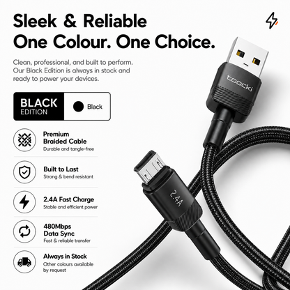 A black Toocki USB-C to USB-C cable shown on a clean white background with promotional text and feature icons. The image highlights the cable's braided construction, USB-C connector, and micro-USB connector with technical specifications listed on the left.