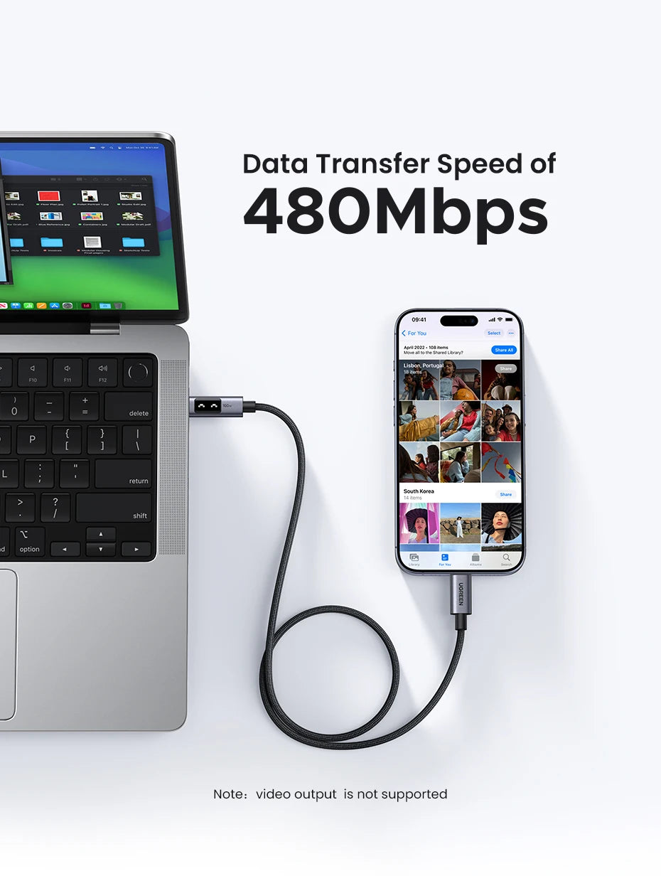 Laptop and smartphone connected by a cable with text indicating data transfer speed on a white background
