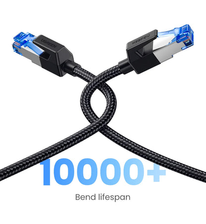 Ethernet cable with connectors on a white background, highlighting its durability.
