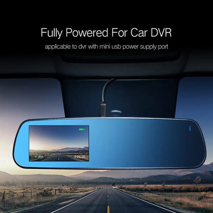A blue car rearview mirror DVR camera with a built-in screen, shown hanging in a vehicle interior with a road landscape visible through the windshield. Text at the top reads 'Fully Powered For Car DVR' and 'applicable to drv with mini usb power supply port'.