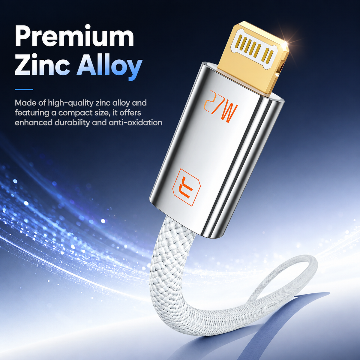 A premium 27W fast-charging USB-C to Lightning adapter made of high-quality zinc alloy, featuring a metallic silver body with orange text and a white braided cable, set against a blue and white abstract background with promotional text.