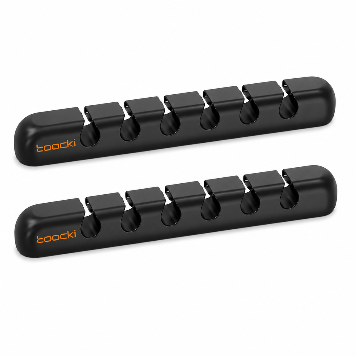 Two black Toocki sharpening steel guides shown on a clean white background, angled parallel to each other with the brand name 'toocki' printed in orange on the left end of each.