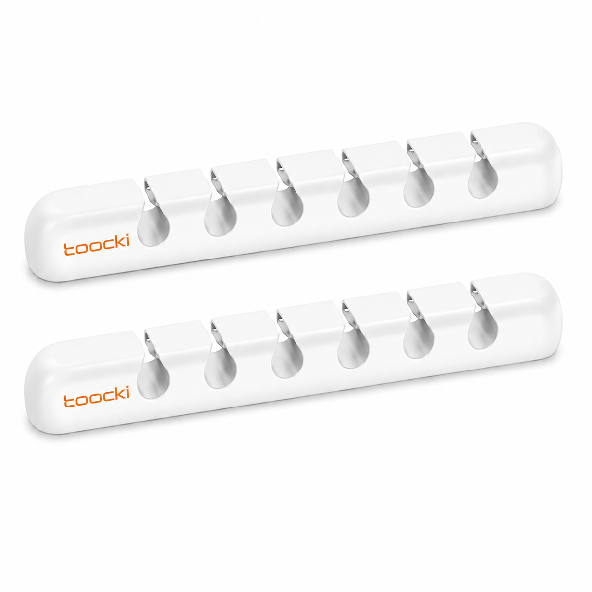 Two white Toocki cable protectors with six metal spring clips each, displayed on a clean white background.